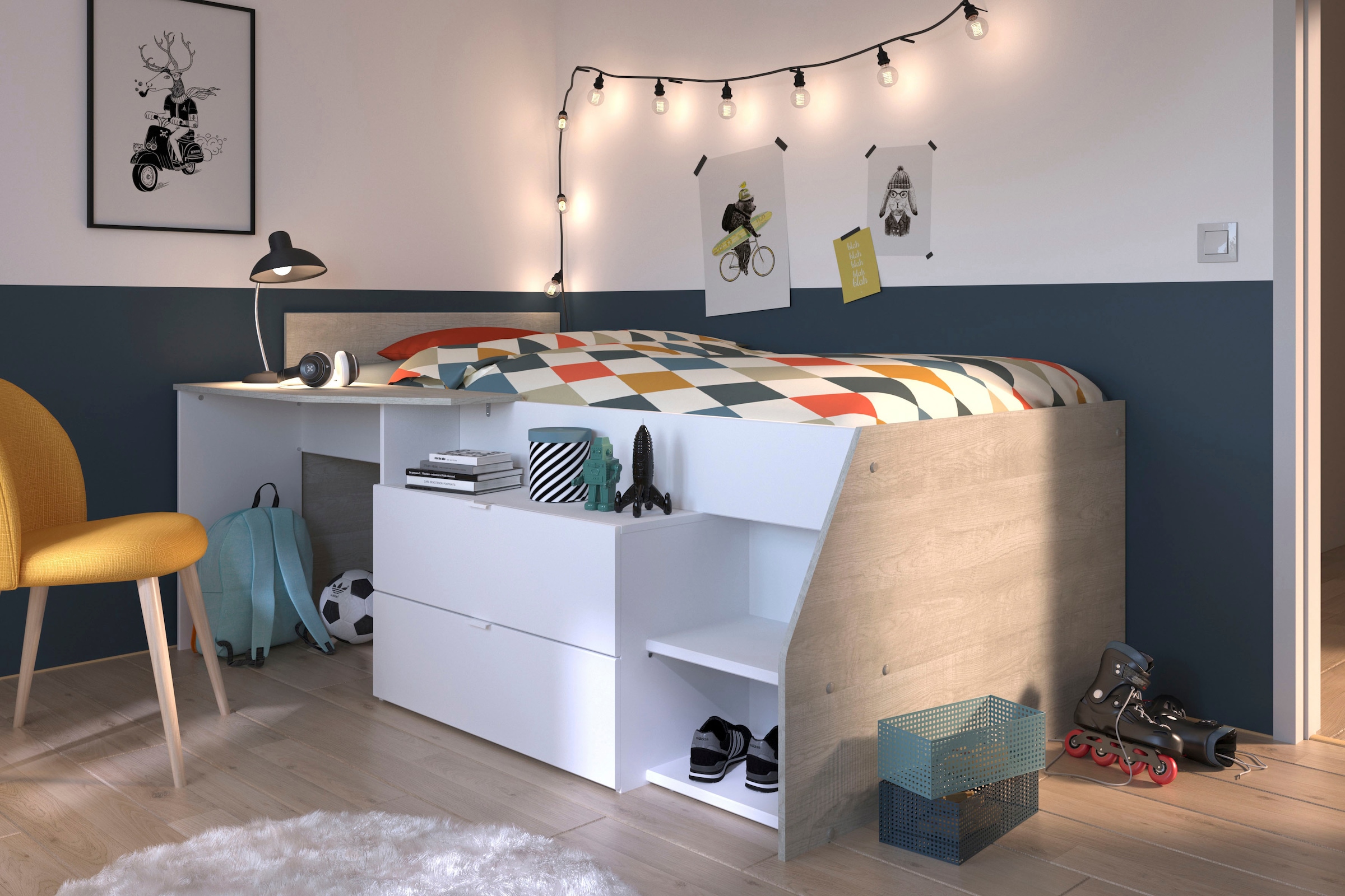 Parisot Hochbett »Milky« mit kleiner Arbeitsfläche und kleiner Kommode, extra Stauraum