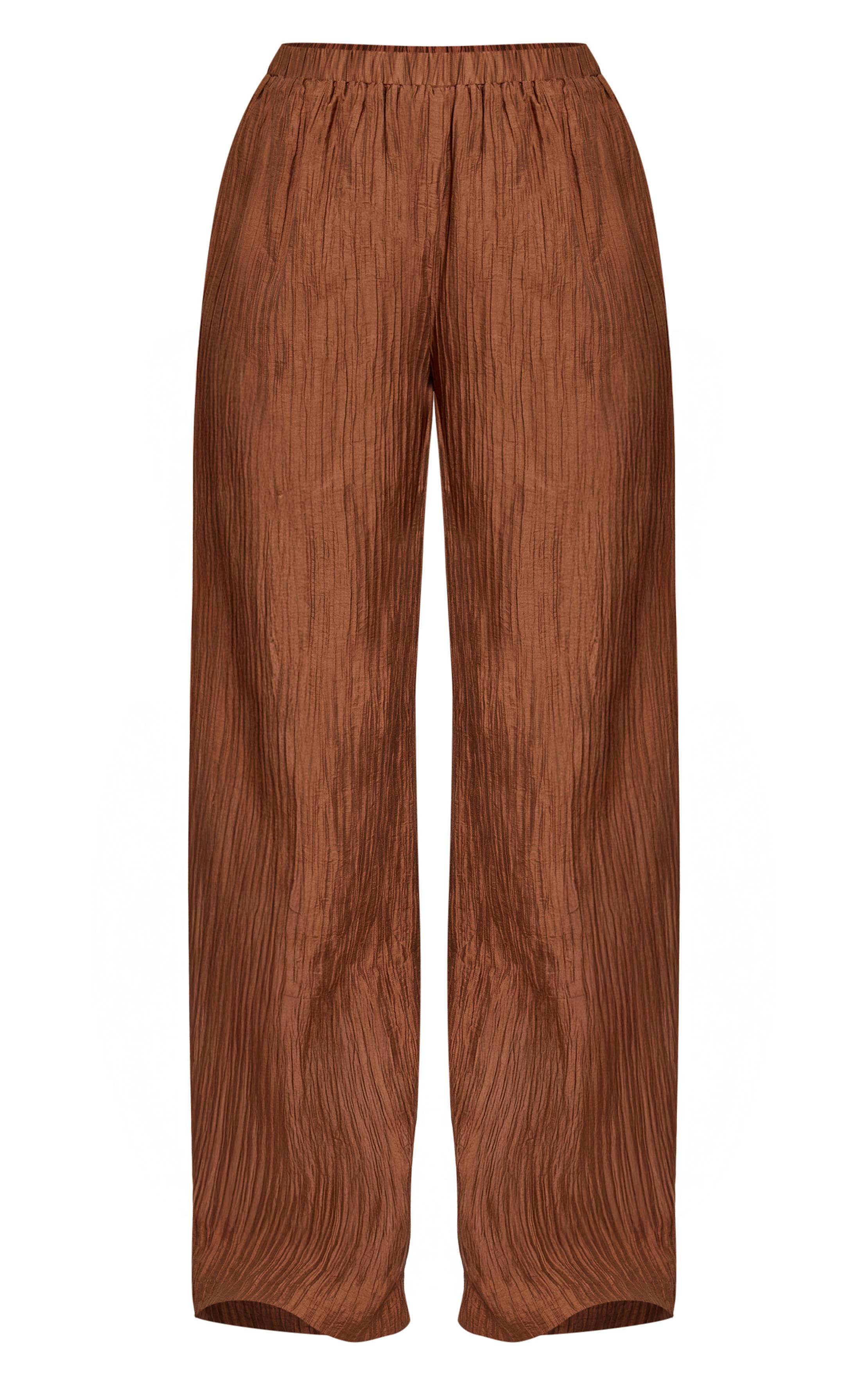 Chocolat Pantalon Large Taille Mi-haute En Tissu Texturé Tissé