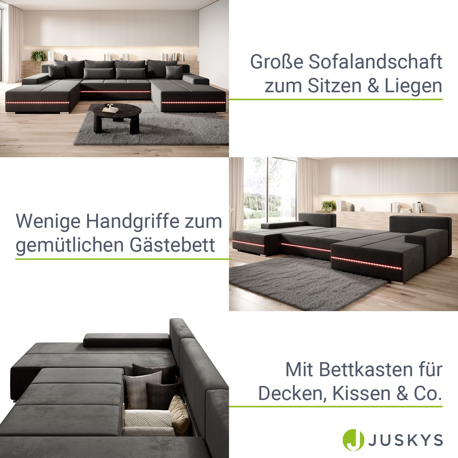 Juskys Sofa Malbun - Bequemes Wohnlandschaft mit Schlaffunktion, Bettkasten, Samt & LED - Dunkelgrau