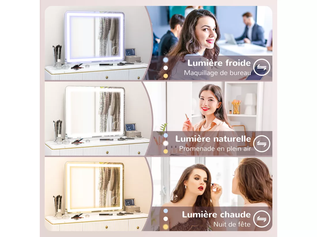Miroir Lumineux LED tactile intensité 3 modes d'éclairage grossissement 10X charge USB