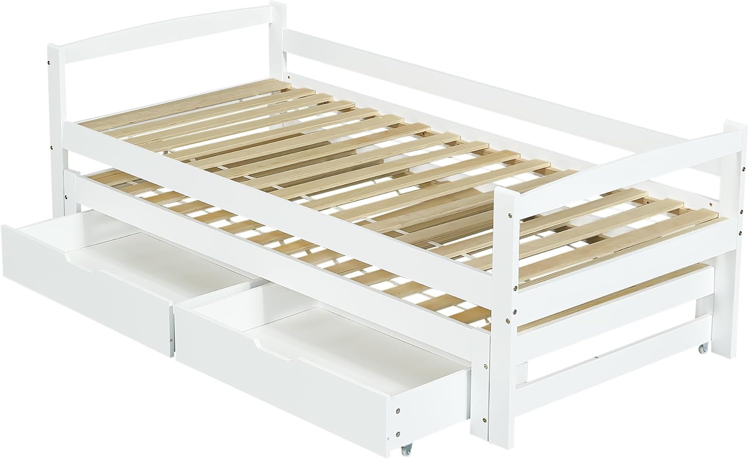 Kinderbett 90x200, Tagesbett mit Ausziehbett und 2 Schubladen, Sofabett Gästebett Schlafsofa Bett mit Lattenrost,Einzelbett/Doppelbett Jugendbett Funktionsbett Bettgestell aus Holz,ohne Matratze,Weiß