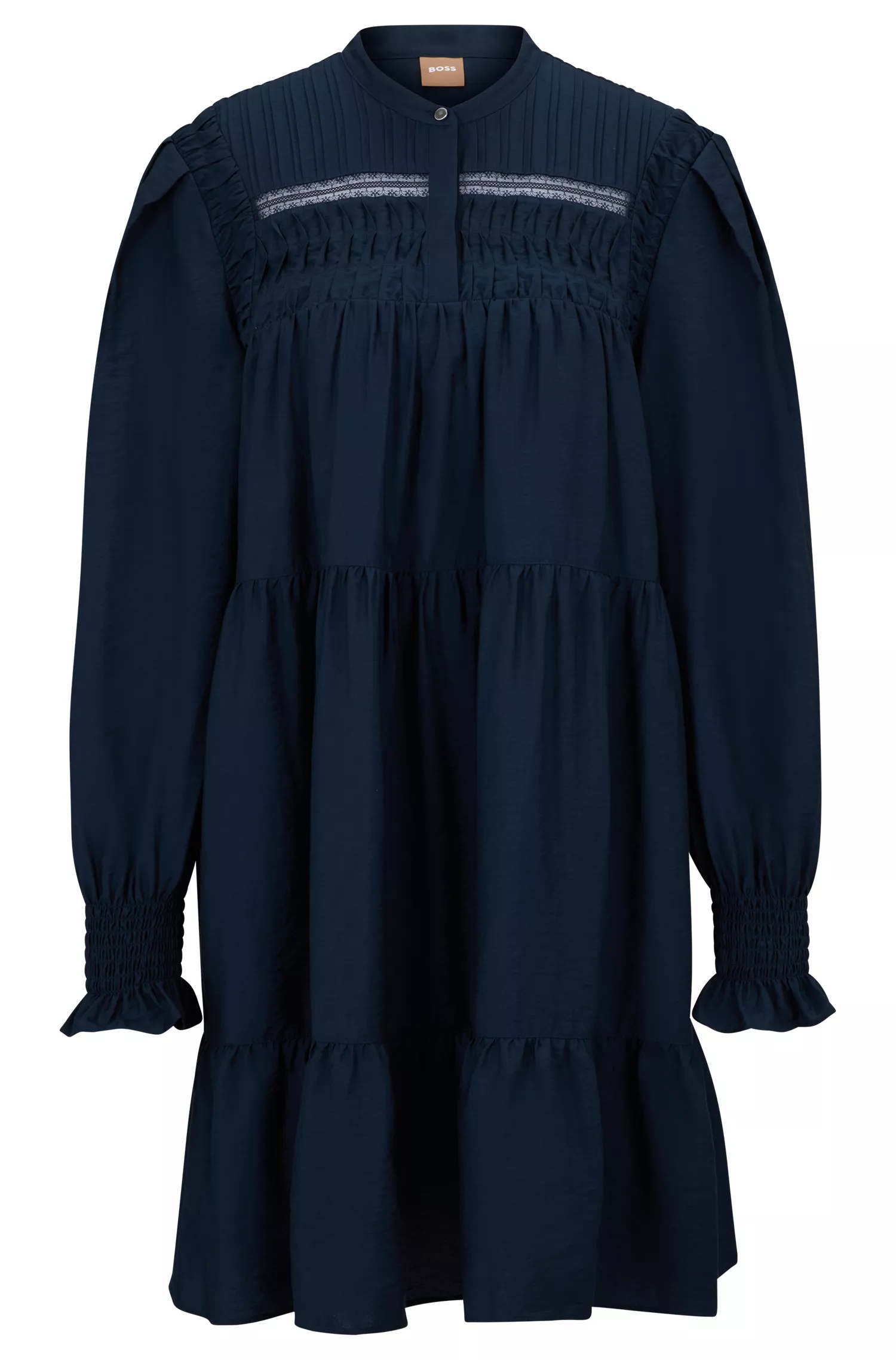 Vestido túnica preto BOSS com pregas e detalhes em renda.