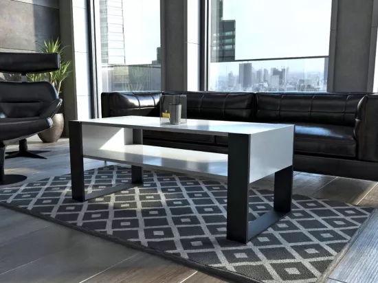 TABLE BASSE LOVY BLANC / NOIR - STYLE INDUSTRIEL - 120cm x 64 cm