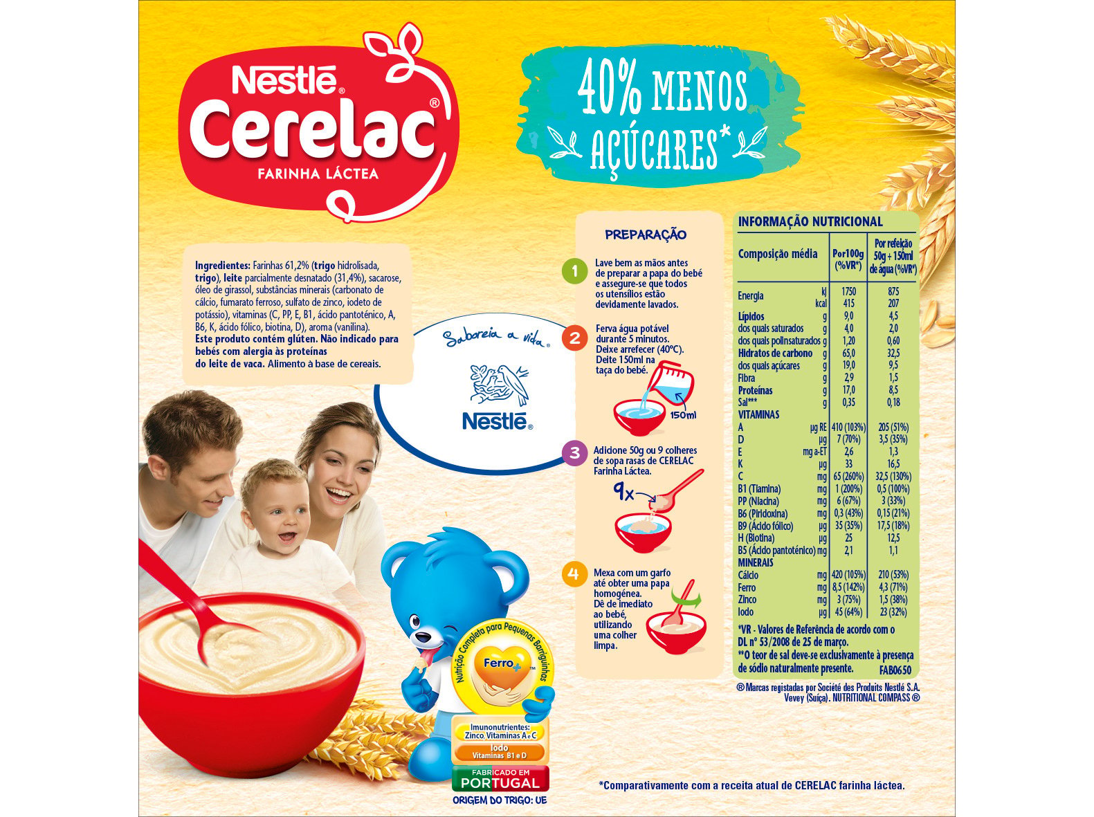 FARINHA LÁCTEA CERELAC -40% AÇUCAR 900GR