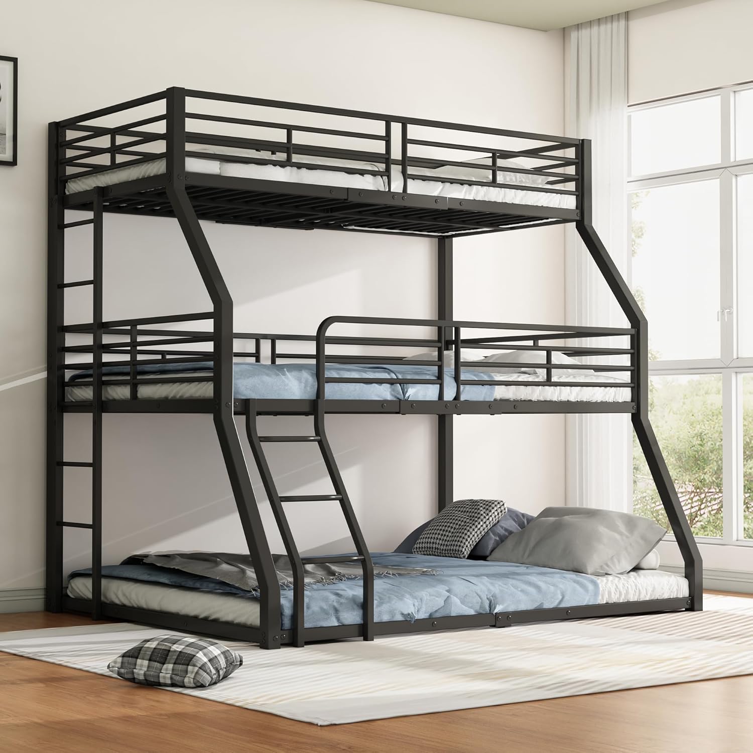Dreifach-Etagenbett Hochbett 90x200 cm mit Leiter, Metallbett Eisenbett, Familienbett Hochbett für 3 Kinder, Jugendliche und Erwachsene, Schwarz