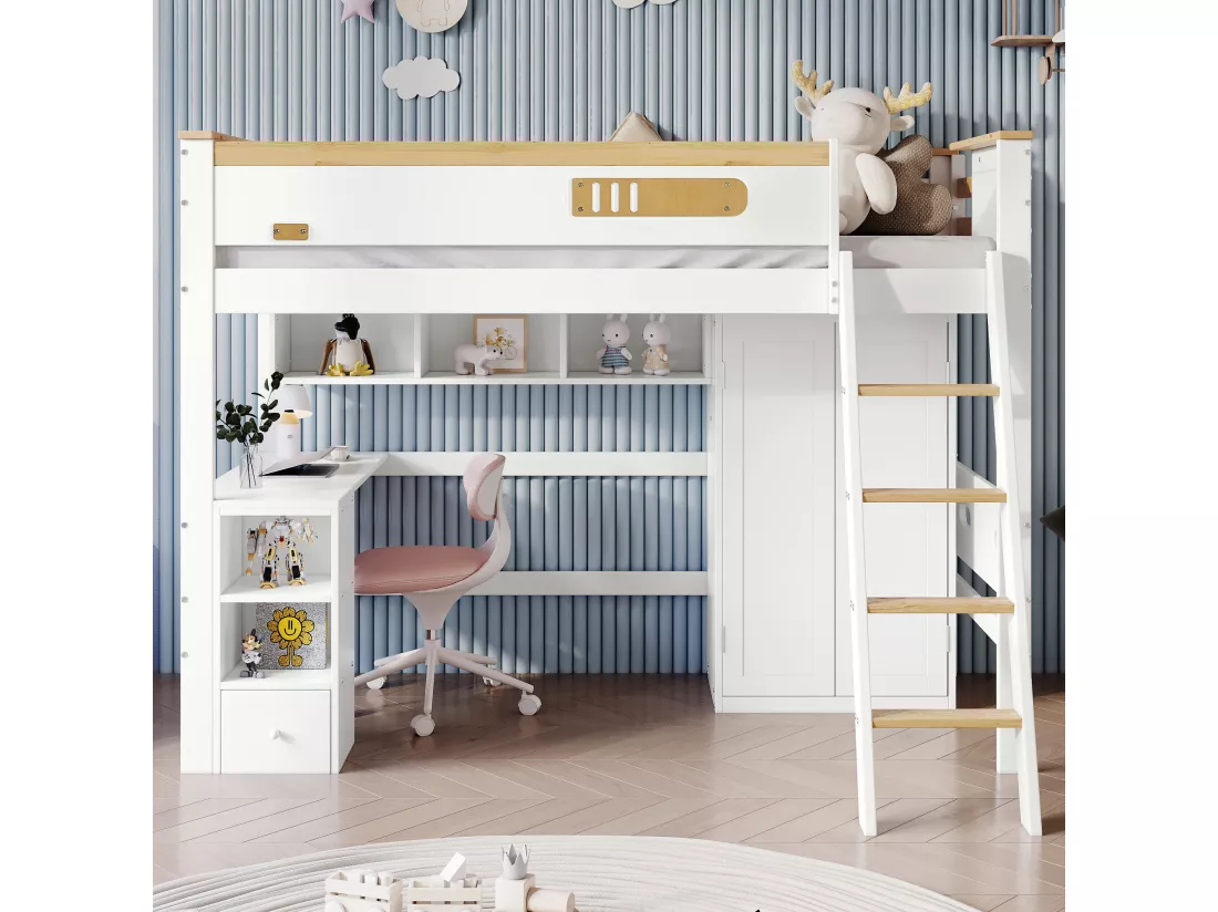 Lit mezzanine 90 x 200 cm avec bureau, armoire et étagères de rangement - Pin+MDF+contreplaqué - Blanc et naturel
