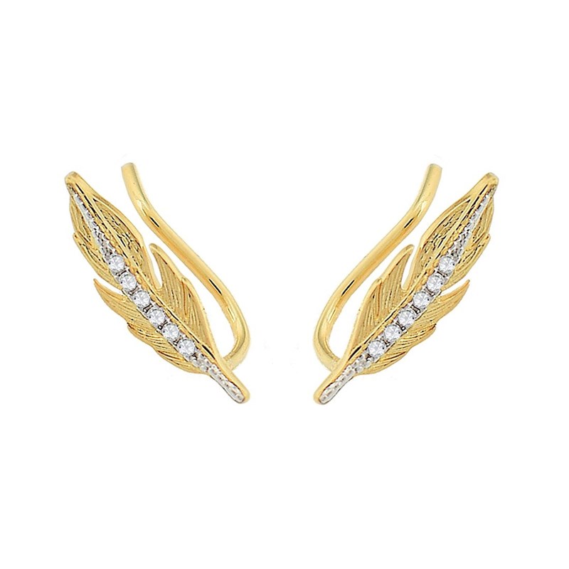 Boucles d'oreilles grimpantes contours d'oreilles feuille sertie d'oxyde de zirconium Plaqué OR 750 3 microns 2 tons