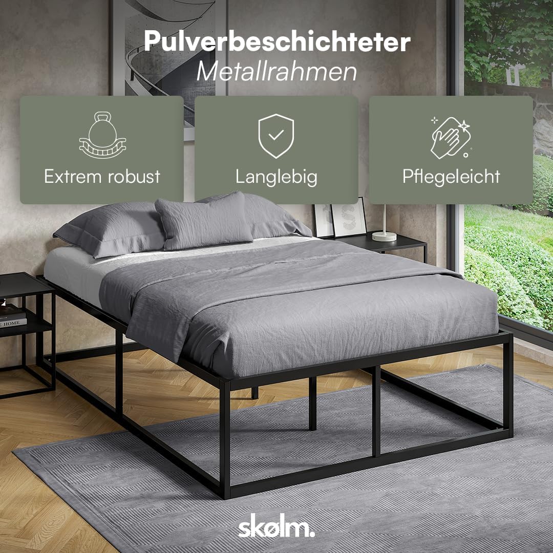 skølm Bragi Metallbett 140x200 cm – Bett aus Metall mit Lattenrost – stabiles Metall Bettgestell Schwarz – Bettrahmen geeignet als Doppelbett – Doppelbettgestell 45 cm hoch – Gästebett mit Stauraum