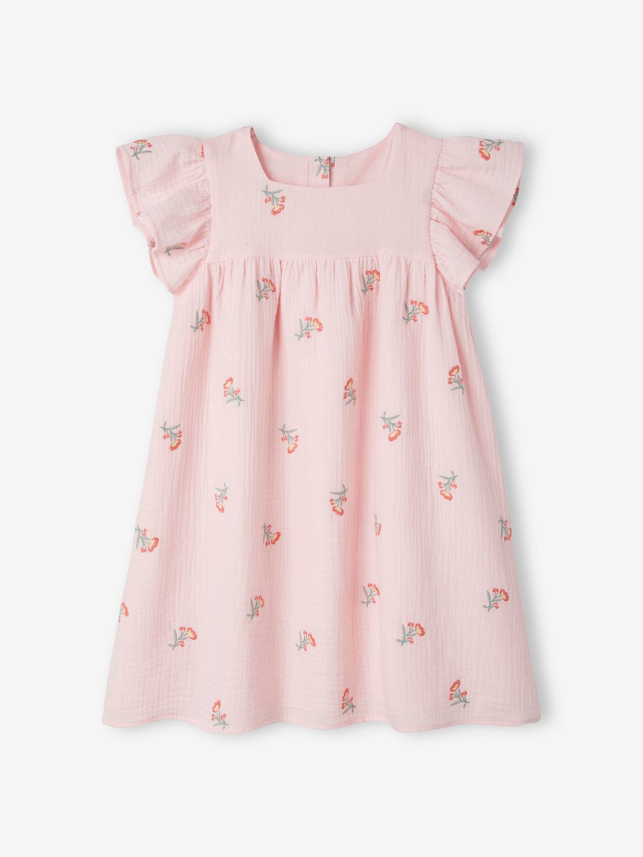 Vestido de chiffon de algodão bordado para meninas, estampa rosa claro.