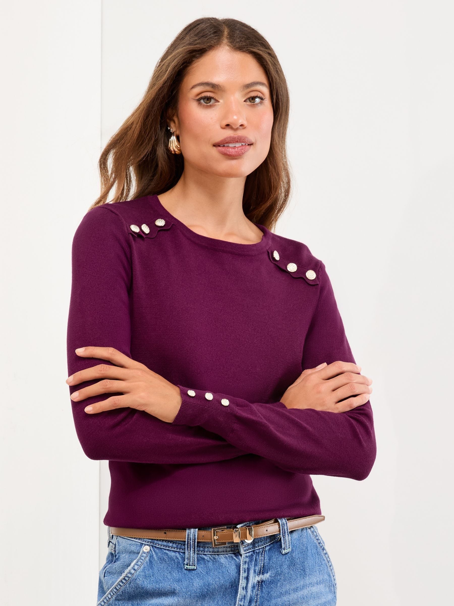 Bordeauxrood - Lipsy Knitted Scallop Buttoned Crew Neck Jumper