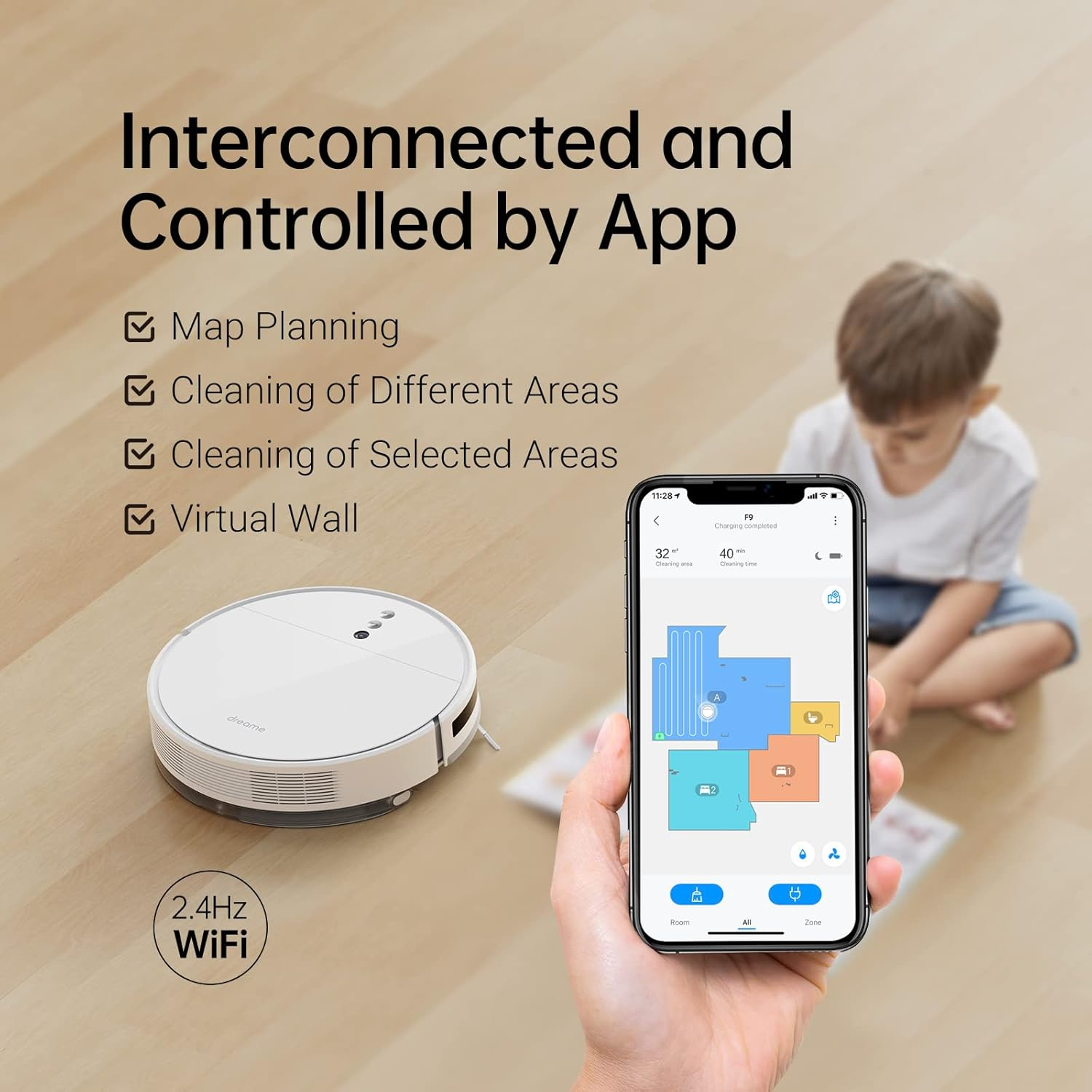 F9 Staubsaug-Roboter Staubsauger Nass / Trocken Bodenreinigung mit App Steuerung   Ladestation (RVS5-WH0) - Weiss