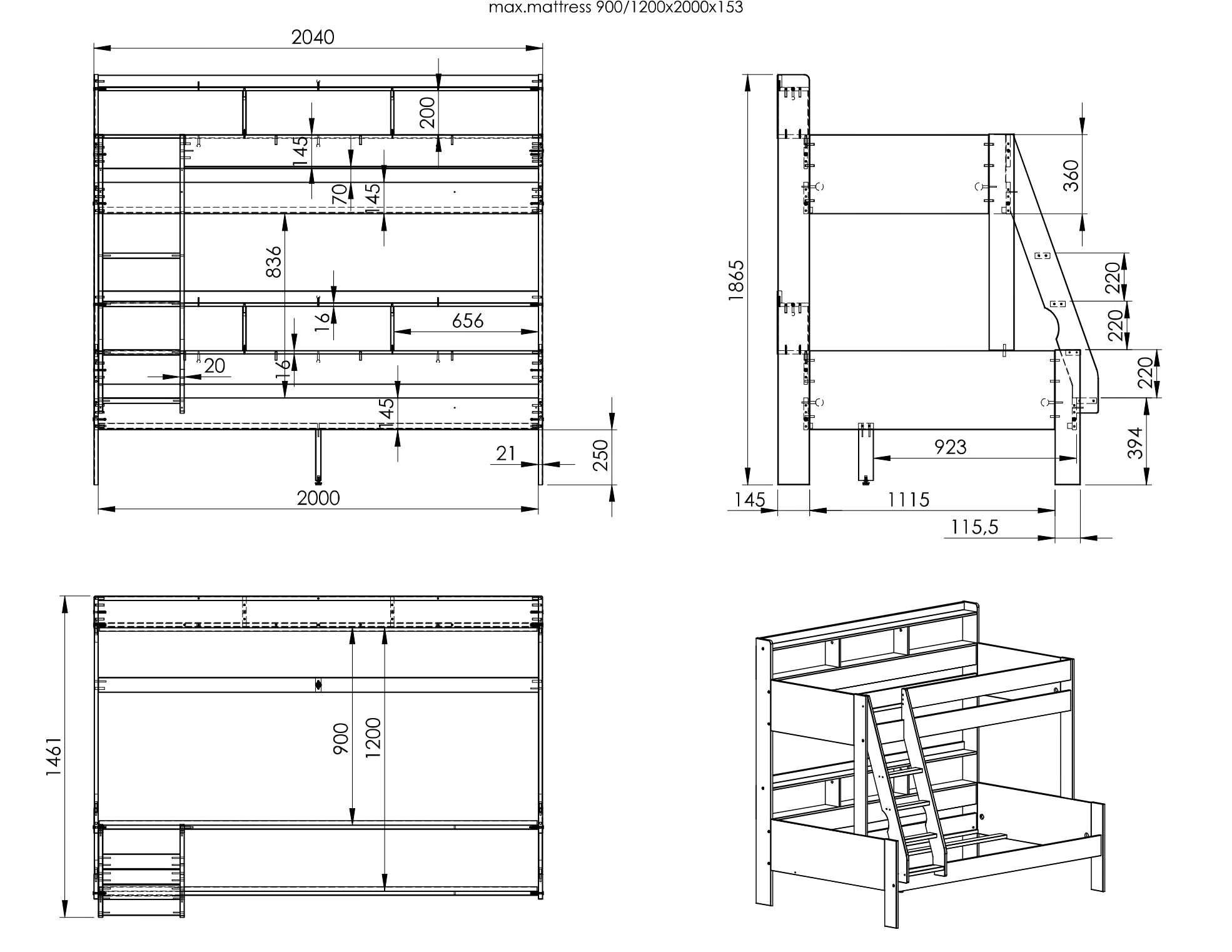 Lüttenhütt Etagenbett »Jaime II, Stockbett, viel Stauraum, mit Regalen, Massivholz mit MDF« Oberes Bett 90x200cm, unteres Bett 120x200cm,  breite Liegefläche unten, FSC®, Made EU, 3. Schlafgelegenheit optional