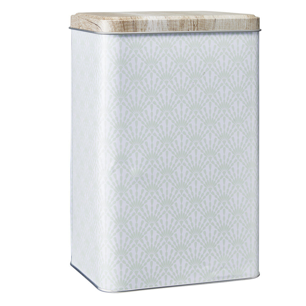 Boîte en métal imprimé gris avec couvercle effet bois