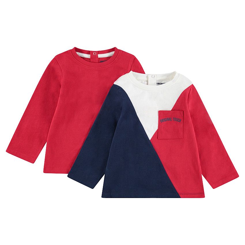 Lot de 2 Tee-shirts manches longues en jersey uni / contrasté avec poche - Rouge
