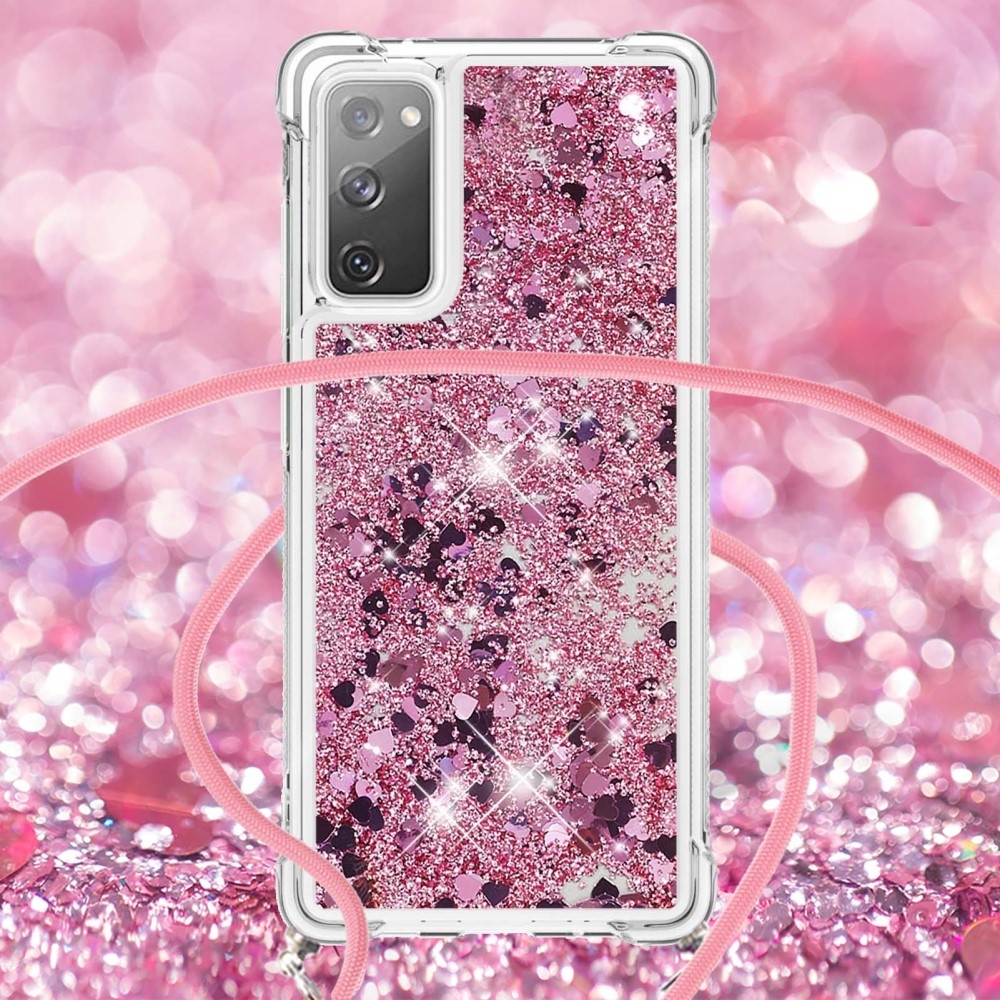 Samsung Galaxy S20 FE / S20 FE 5G Necklace Gummi Hülle Liquid Glitzer   Handykette (130cm) - Pink / Roségold