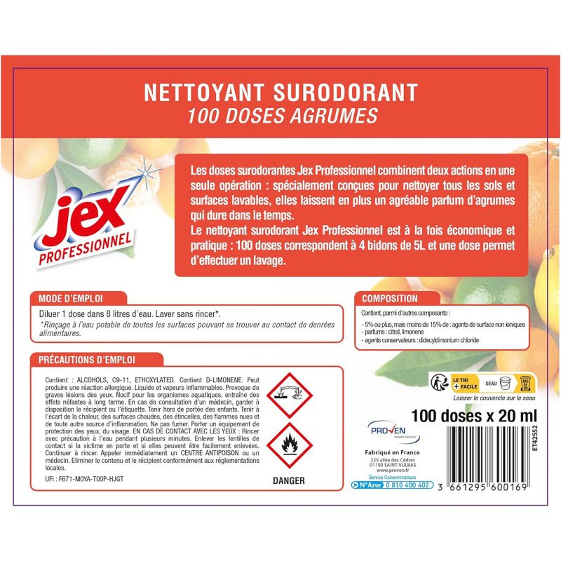 Nettoyant surodorant multi-usages Jex Professionnel agrumes - Seau de 100 doses