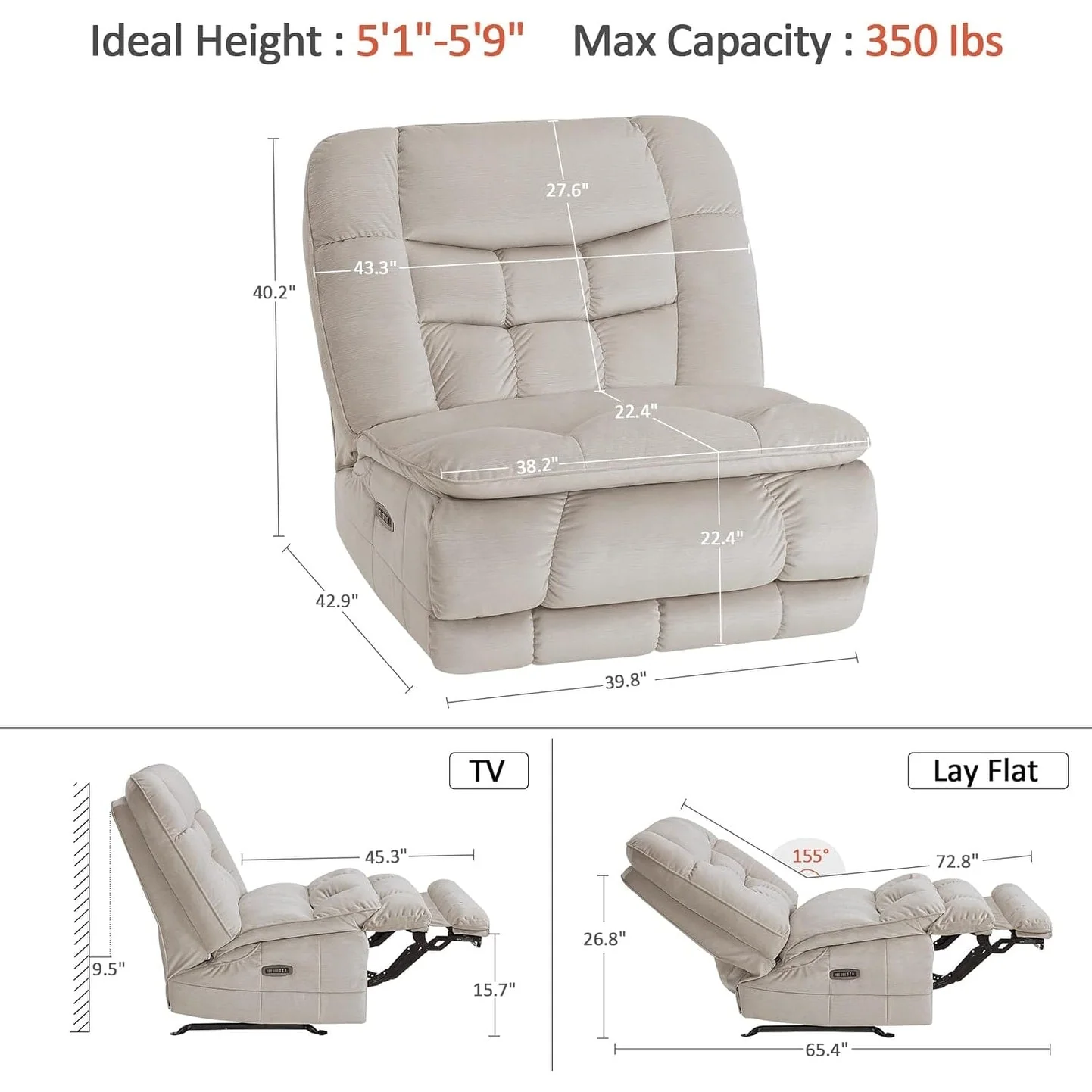 MCombo Oversized Dual Motor Armless Power Rocker Recliner Chair, Zeroarms Recliner Perfect for Living Room Fabric PR607