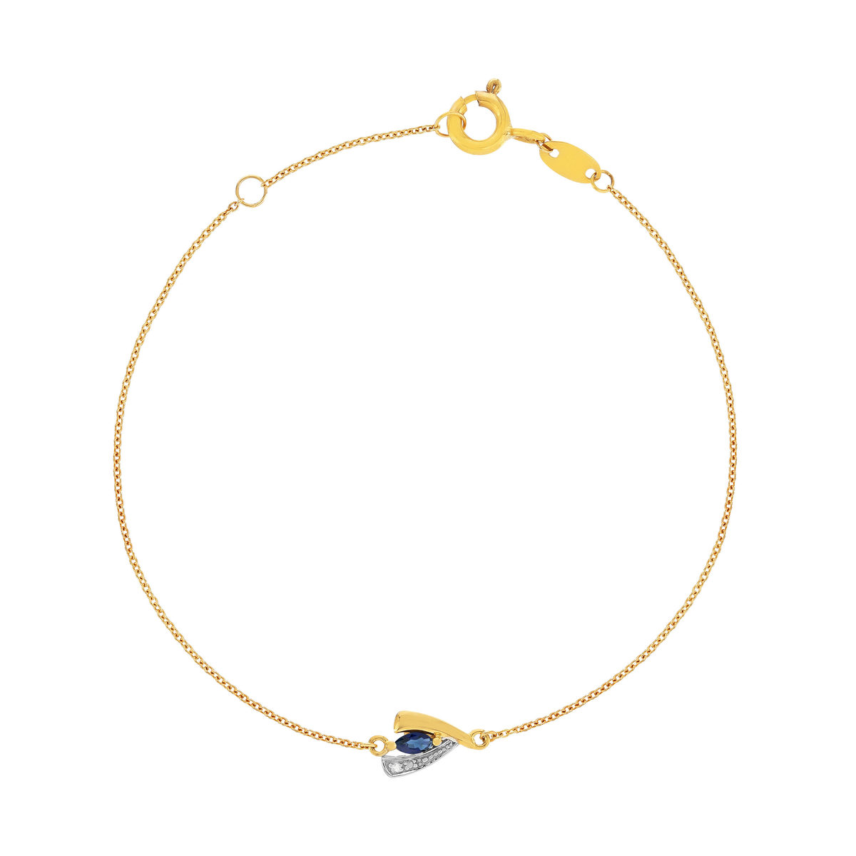 Bracelet or 375 jaune 2 tons saphir et diamant 18cm avec anneau de raccoucissement à 16cm