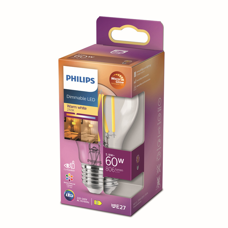 Philips LED lamp transparant E27 5.9W 2200K-2700K Dimbaar