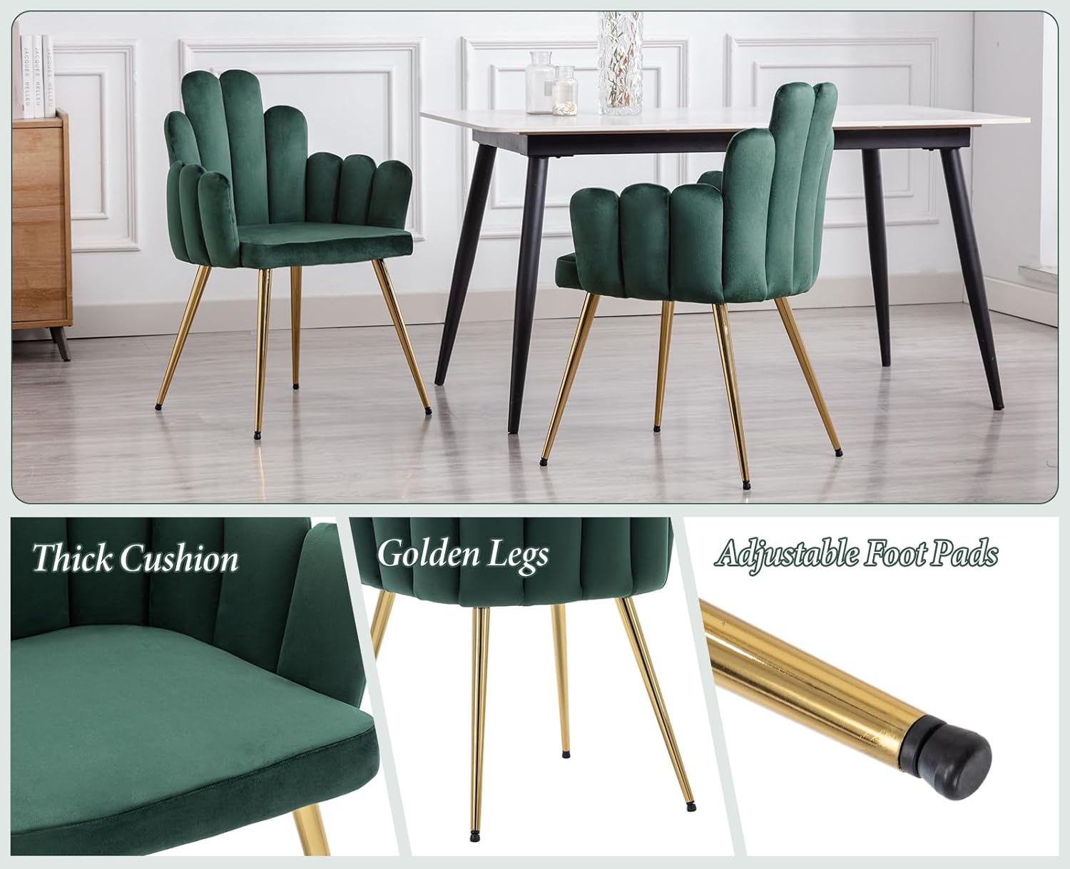 chairus 2er Set Samt Esszimmerstühle Küche gepolsterter Sitz Sessel Schlafzimmer Wohnzimmer Akzentstuhl mit Metallbeinen(Grün)