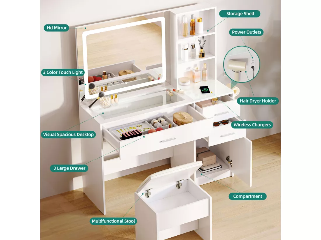 YITAHOME Coiffeuse avec Miroir LED à Luminosité Réglable - Table de Maquillage avec 3 Tiroirs et 2 Étagères de Rangement - Blanche