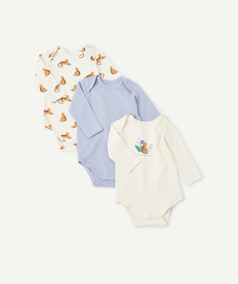 LOT DE 3 BODIES BÉBÉ GARÇON EN COTON BIO ÉCRU ET BLEU MOTIFS TIGRES