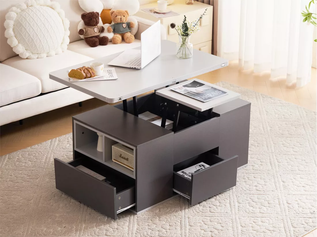 Table basse - plateau relevable - 2 niches & 3 tiroirs - bois panneaux de particules - gris