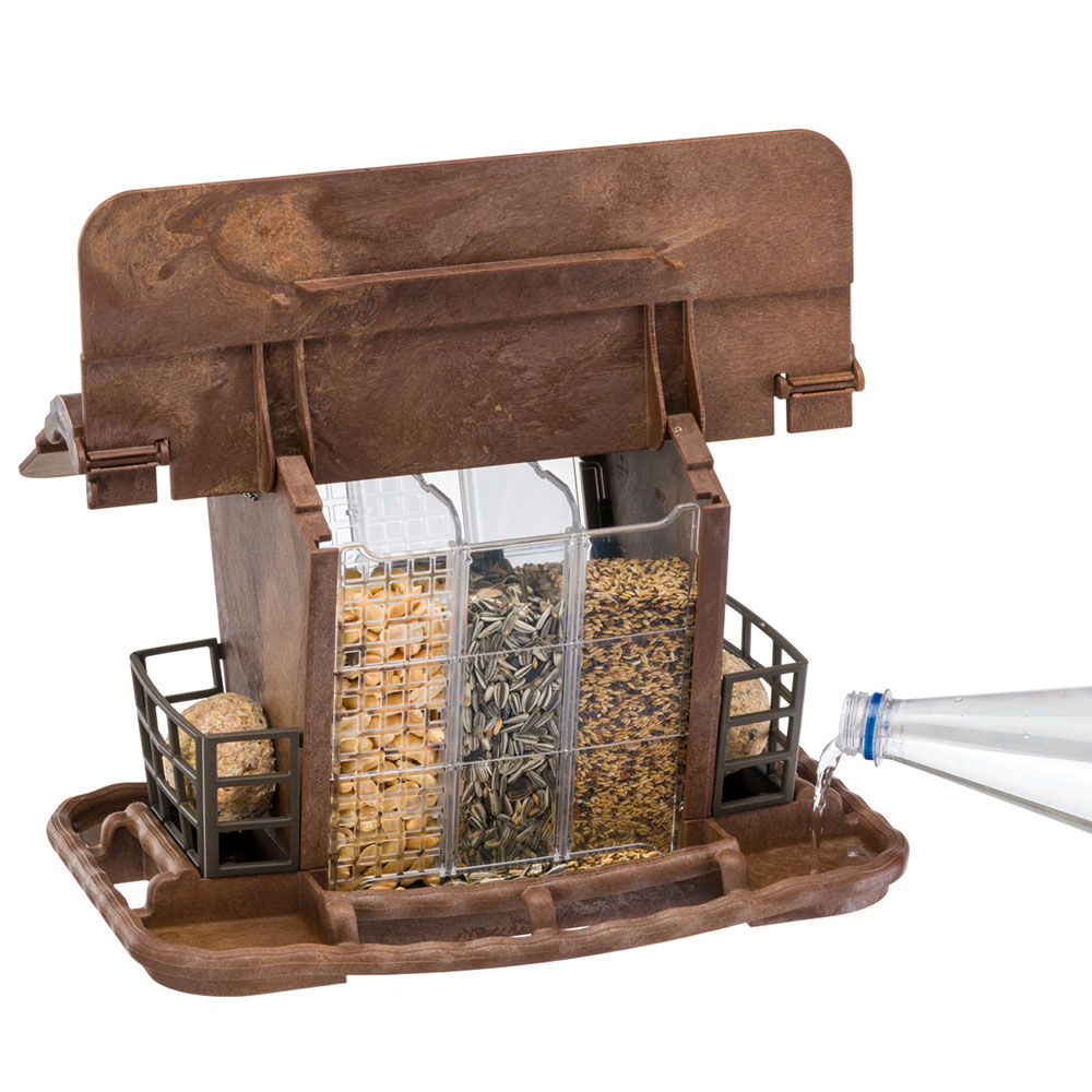 Mangeoire pour oiseaux sauvages jok 2, abri oiseaux, adaptée pour nourriture graines petites noisettes, boules de graisse, eau