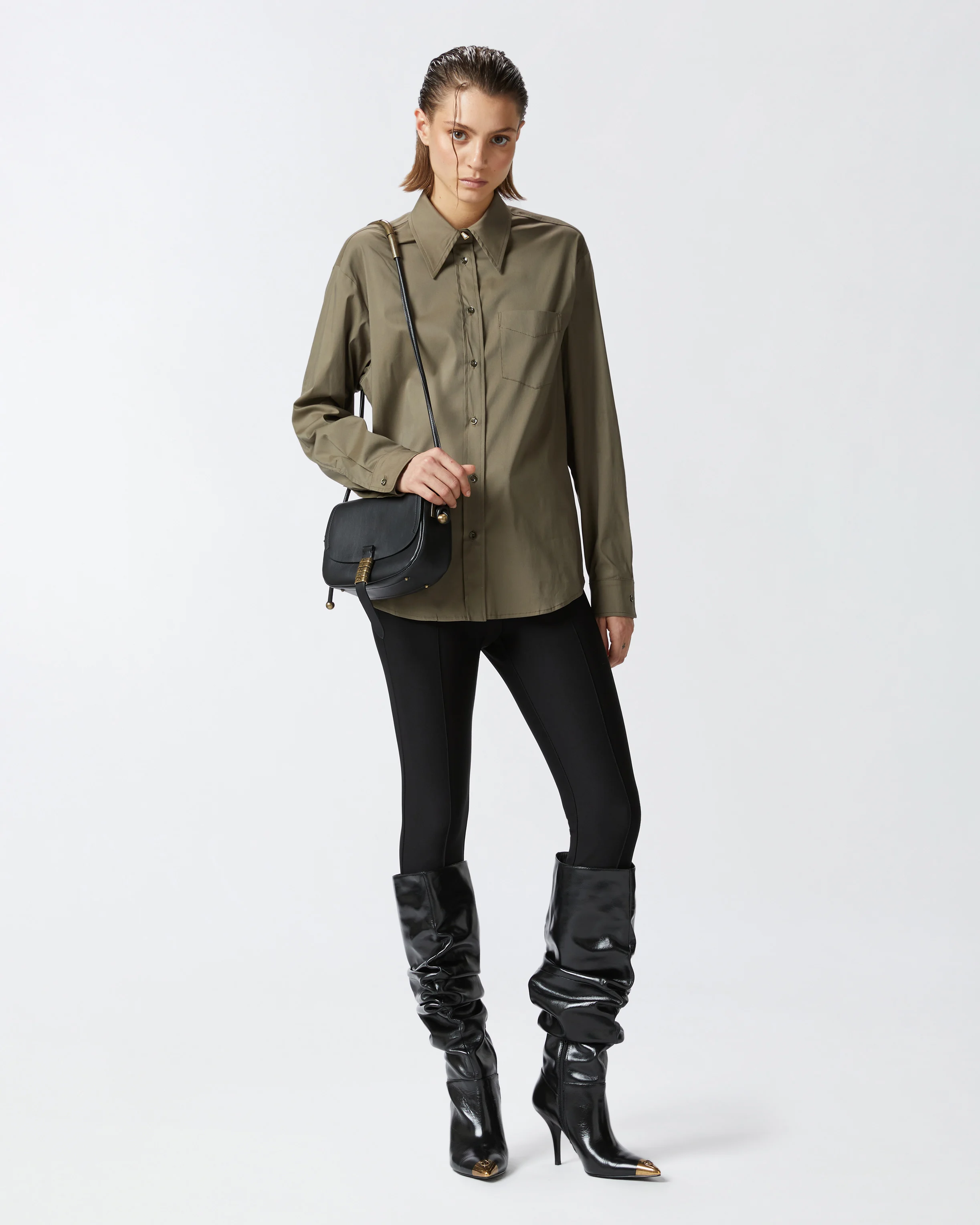 Chemise utilitaire verte en popeline stretch | Vert