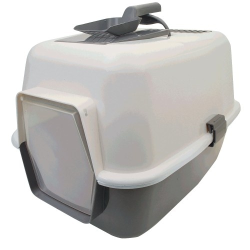 Caixa de areia fechada para gatos com porta, cor cinza.