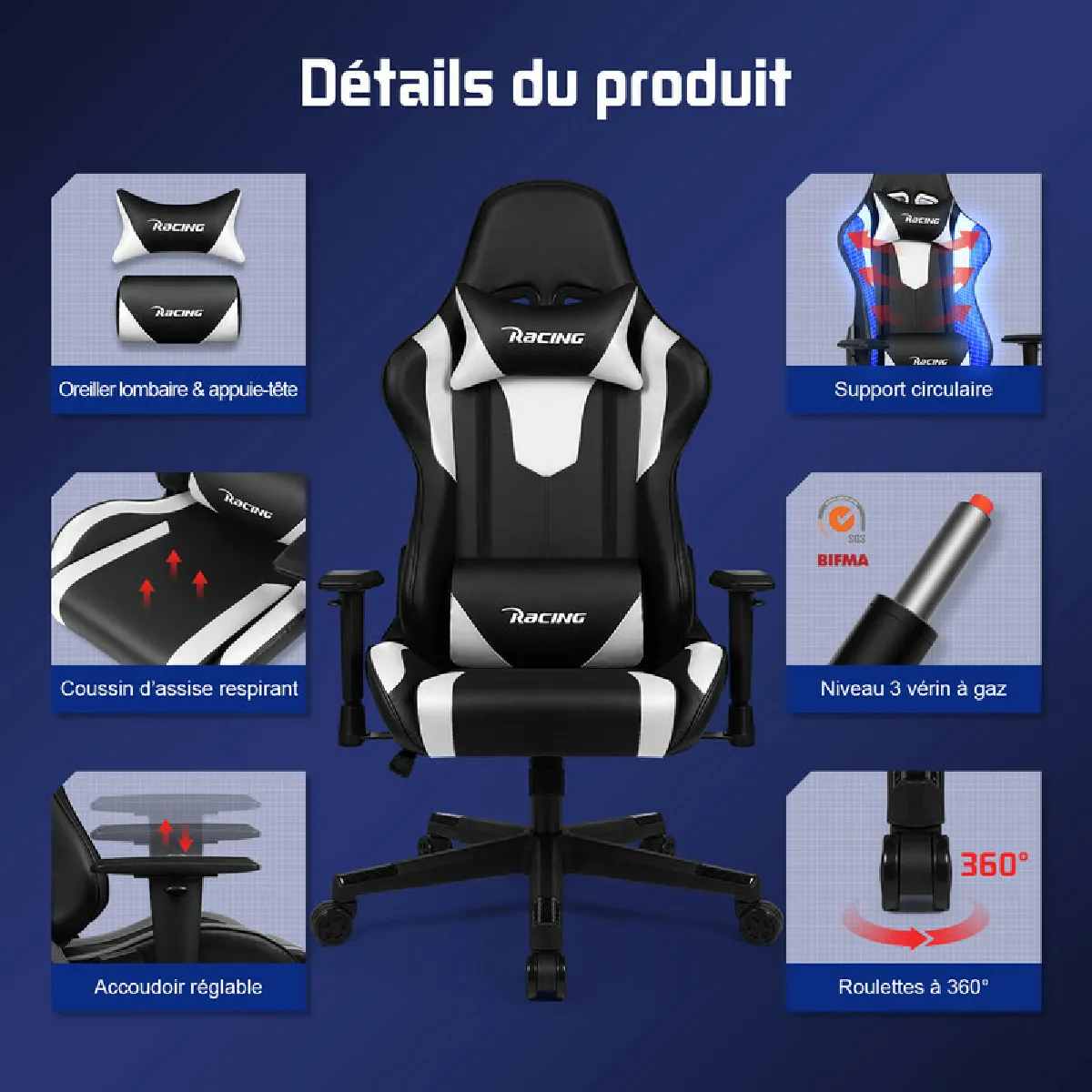 Lexzurn Chaise Gaming - Blanc