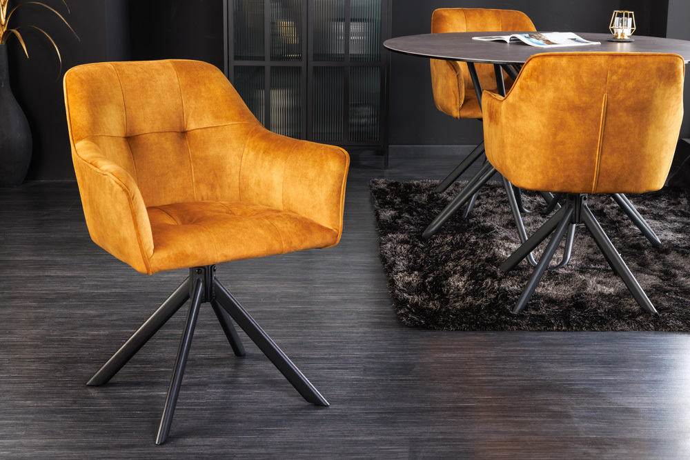 Design Stuhl LOFT senfgelb Samt drehbar Metallgestell schwarz mit Armlehne