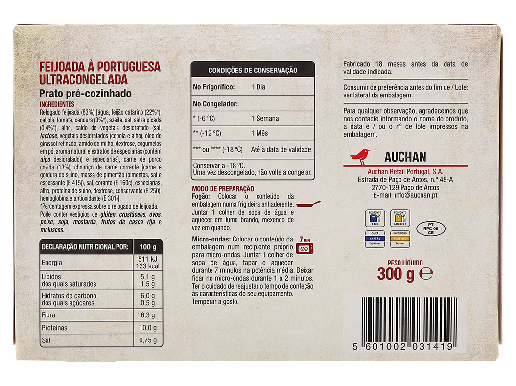FEIJOADA À PORTUGUESA AUCHAN ULTRACONGELADA 300G