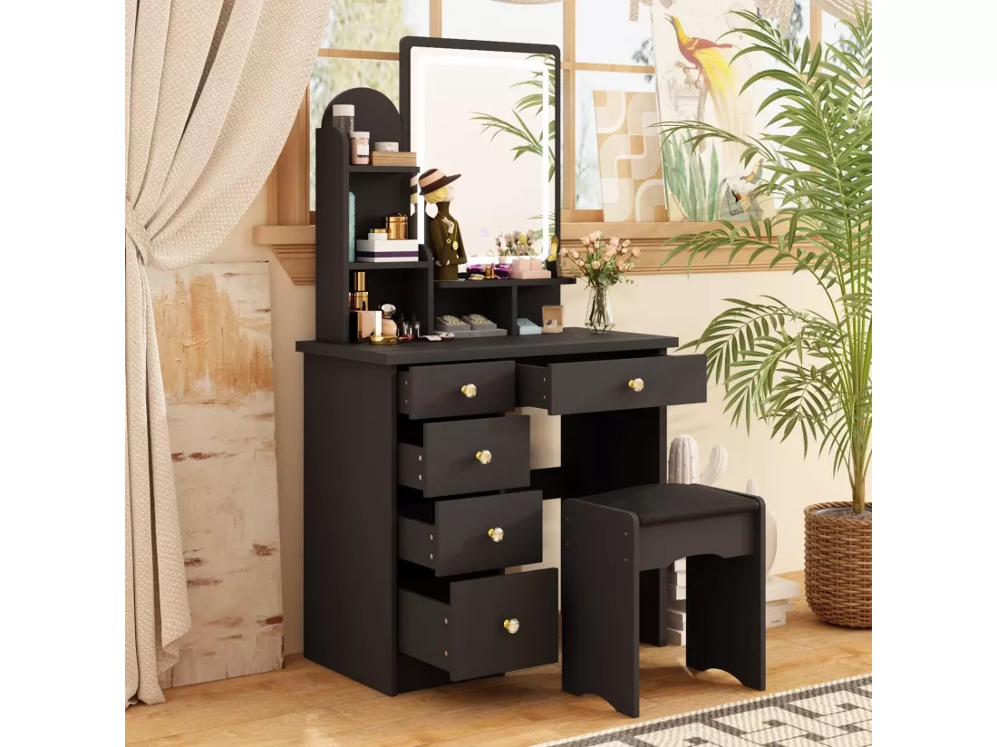 Coiffeuse avec Miroir LED réglable tiroirs Tabouret 80x40x140cm Noir