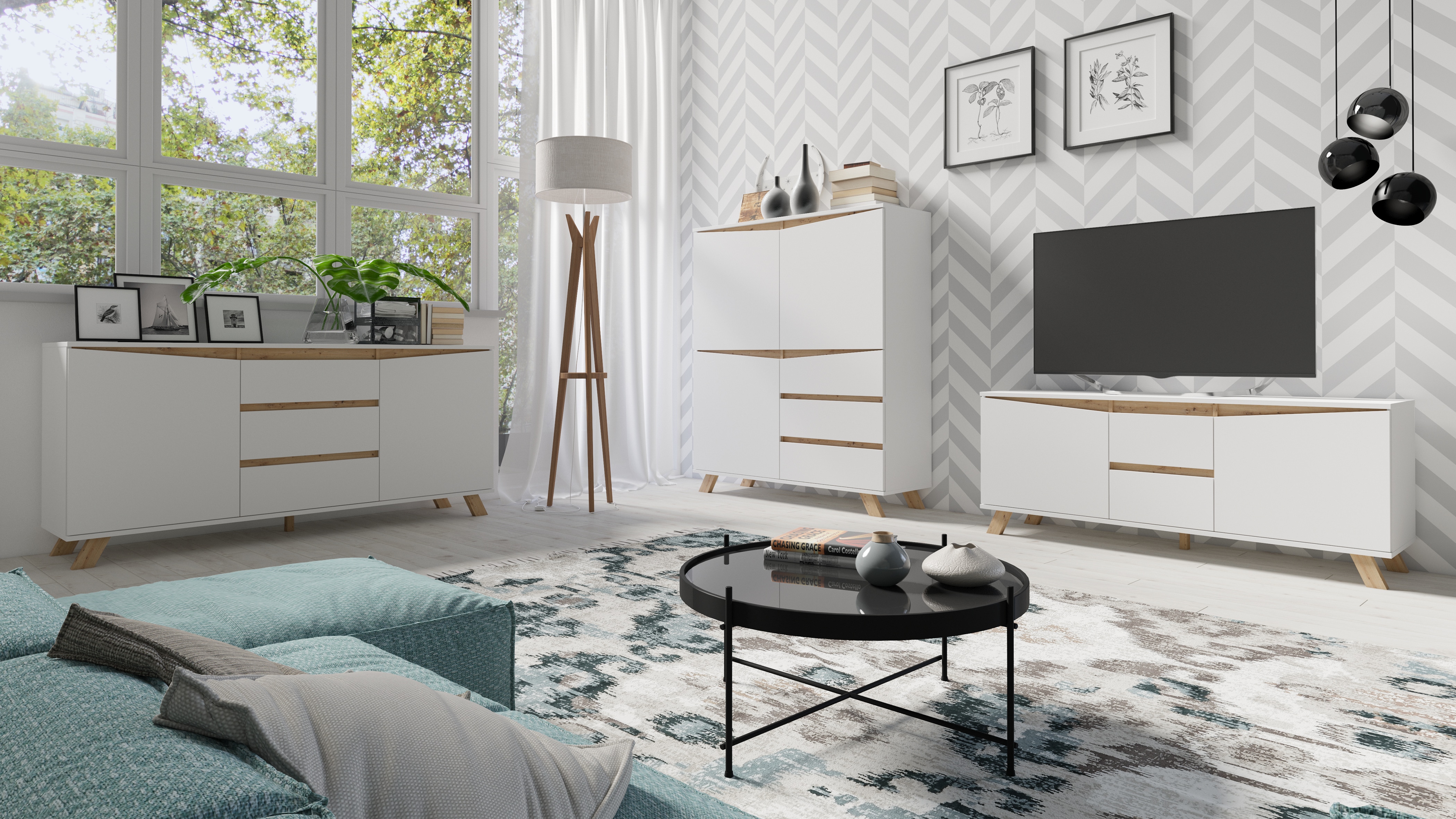 byLIVING Sideboard VALENTIN, Breite 180 cm, weiß/Artisan Eiche (Eiche-Optik)