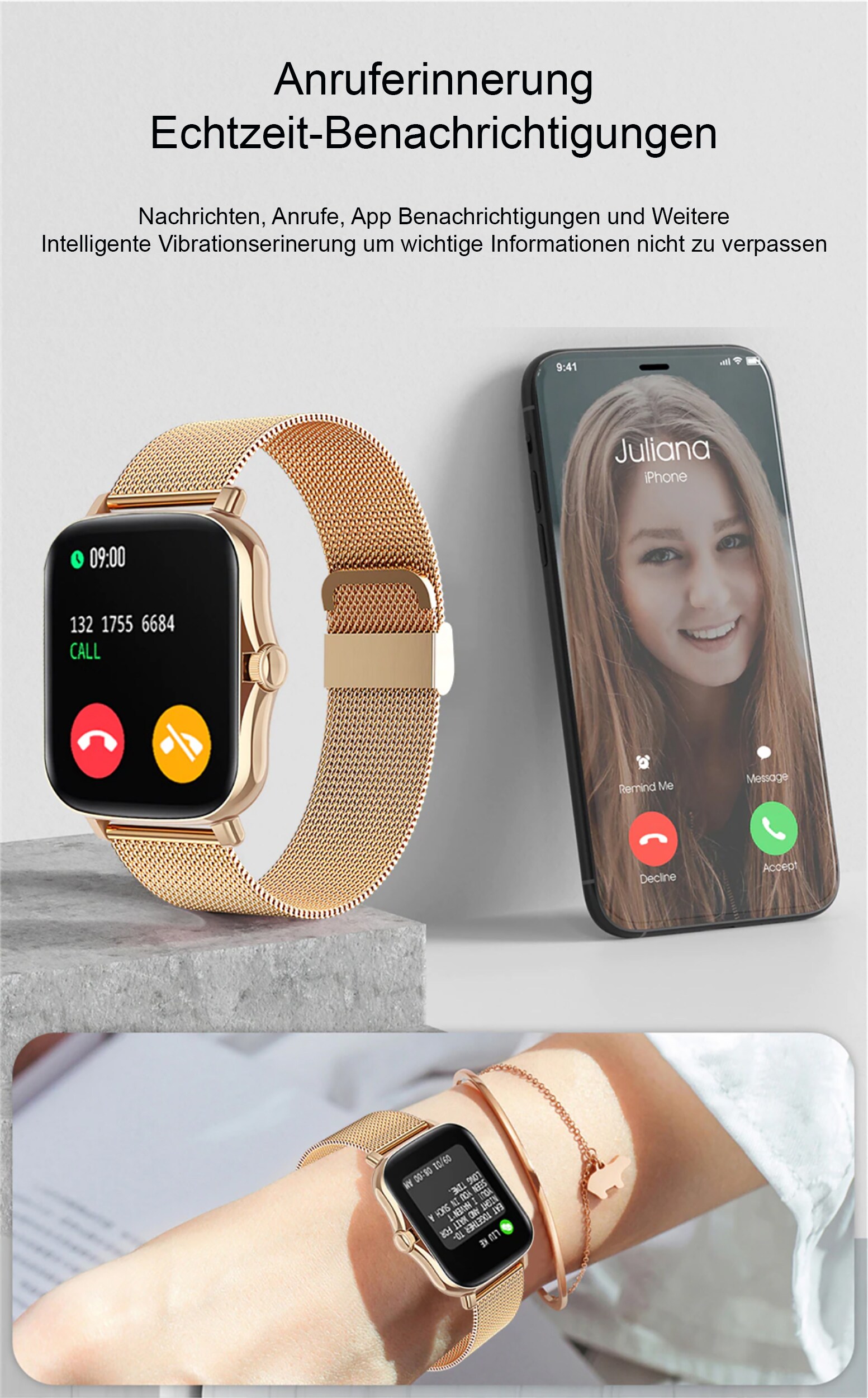 TPFNet Smart Watch / Fitness Tracker IP67 - Milanaise Armband + Silikon Armband - Android & IOS - Silber