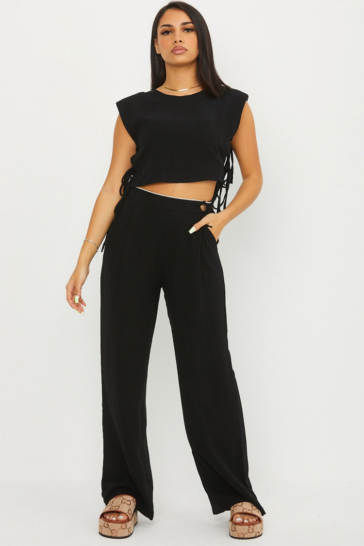 Crop top noir en lin a noué sur les côtés