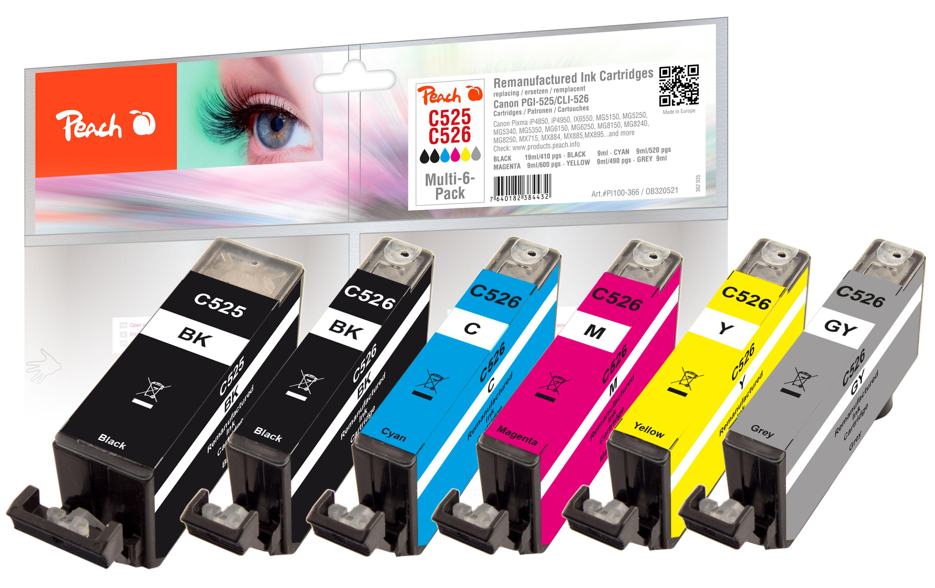 Tinte Canon PGI-525/CLI-526 Multi-6-Pack C, M, Y, BKTinte, Schwarz, Cyan, Magenta, Gelb und Grau