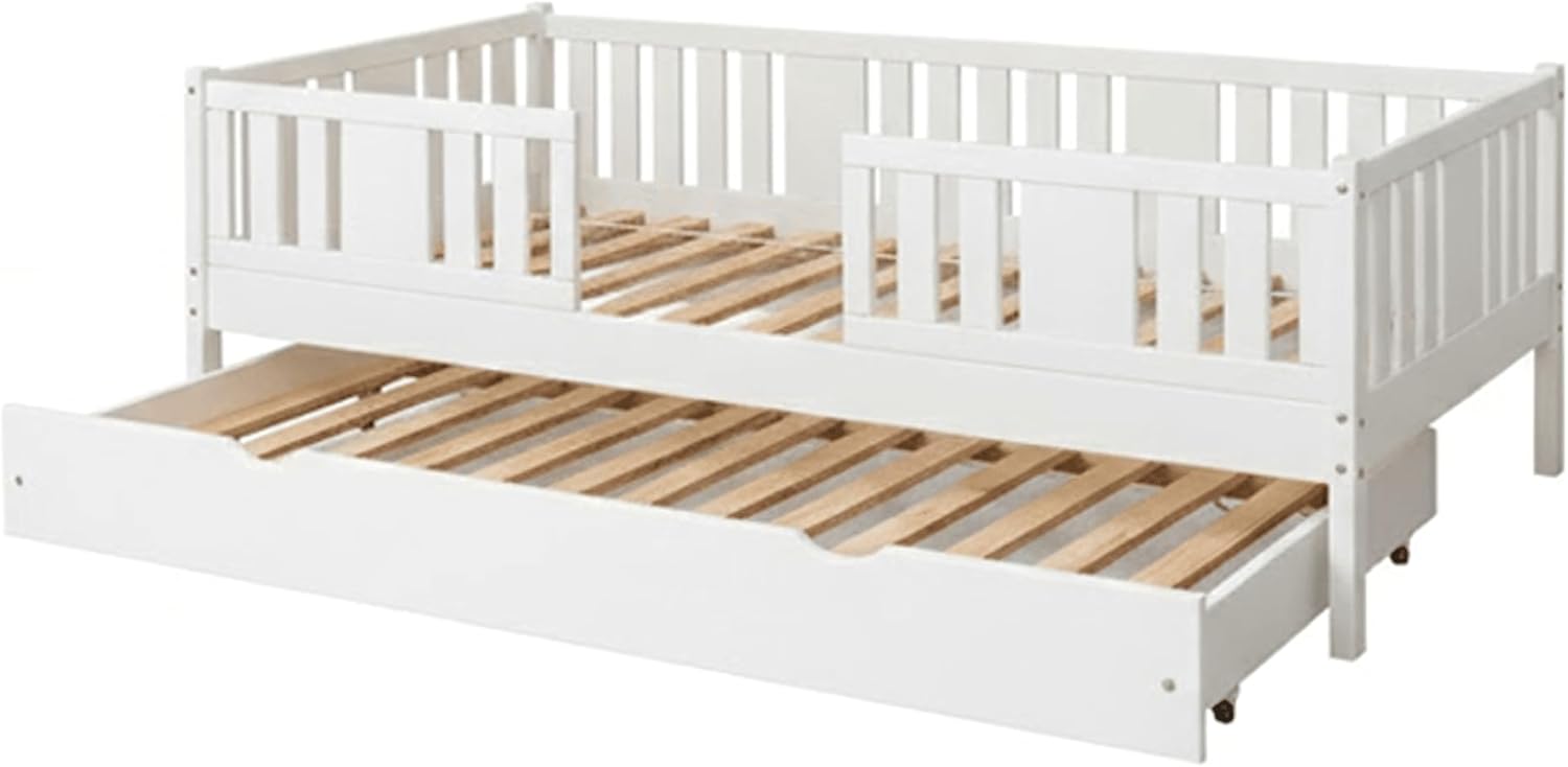 Kinderbett 90x200 cm - Jugendbett mit Auszugbett Lattenrost & Rausfallschutz - Einzelbett Kinder Bett aus Kiefer Massivholz Weiß - Kleinkindbett für Jungen & Mädchen - Standhöhe 20 cm
