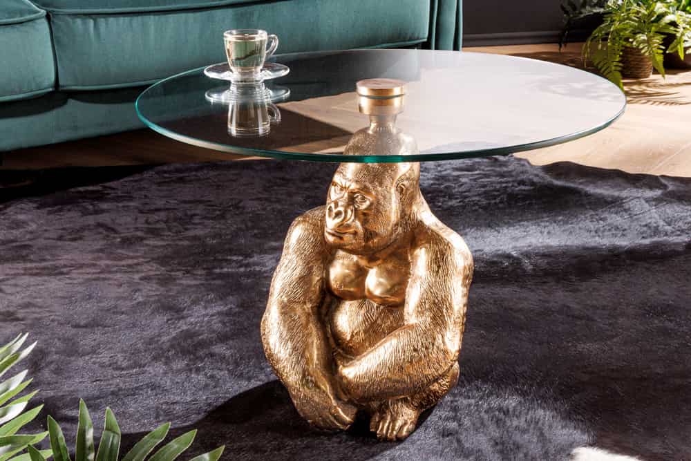 Runder Couchtisch WILDLIFE KONG 60cm gold Metall Glas Affenfigur Gorilla Skulptur handmade