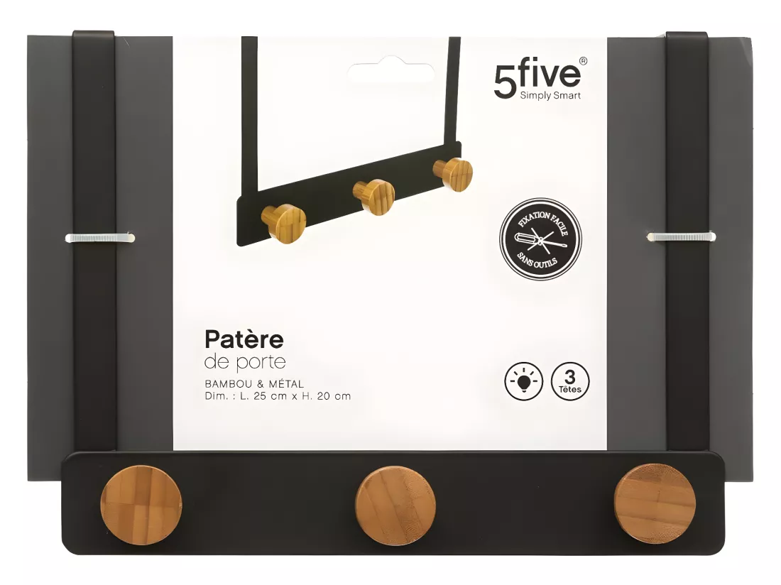 Patère de porte en Métal Noir 3 Têtes en Bambou L 25 cm