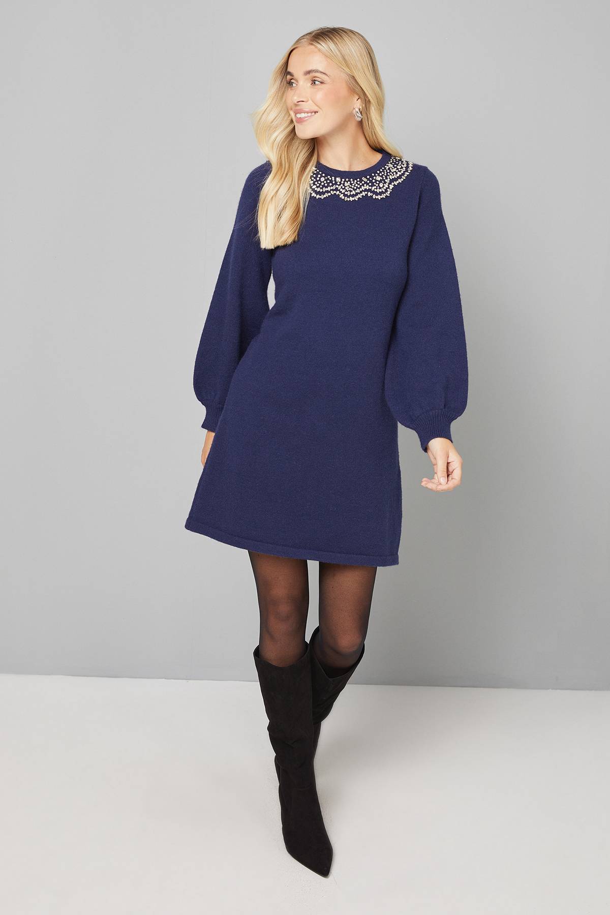 Wallis Robe Droite Tricotée Ornée Petite Taille Marine