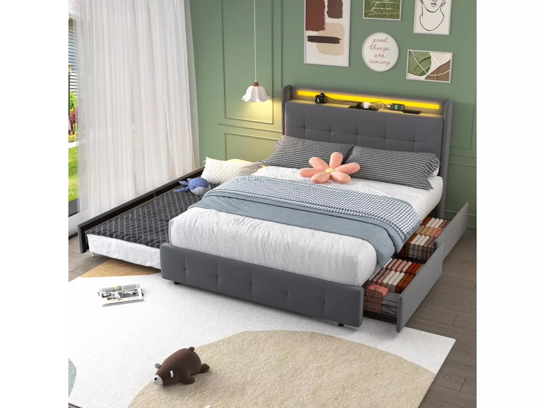 Lit double rembourré 140x200 cm Lit adulte avec lit gigogne éclairage LED 2 tiroirs ports USB et sommier à lattes - gris