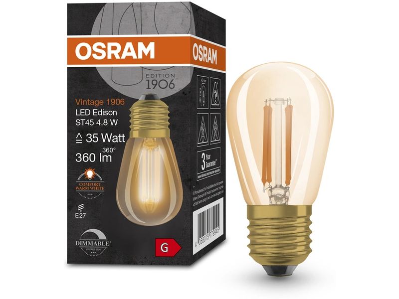 OSRAM Lampe Vintage 1906 Mini Edison ST45, 4.8W, E27, Warmw Dimmbare LED-Lampen, Vintage-Edition