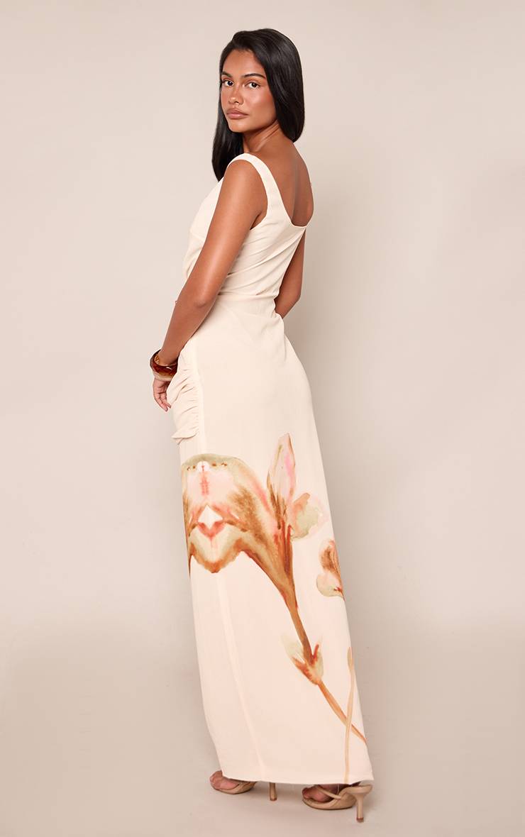 Crème Robe Longue À Imprimé Floral Avec Bustier Et Détail Drapé