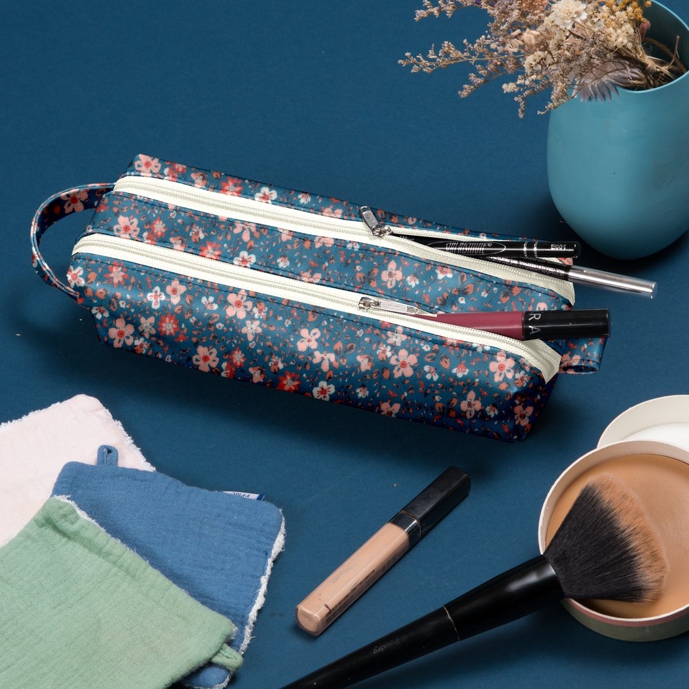 Trousse Double Compartiment Fleuri Nude Ardoise