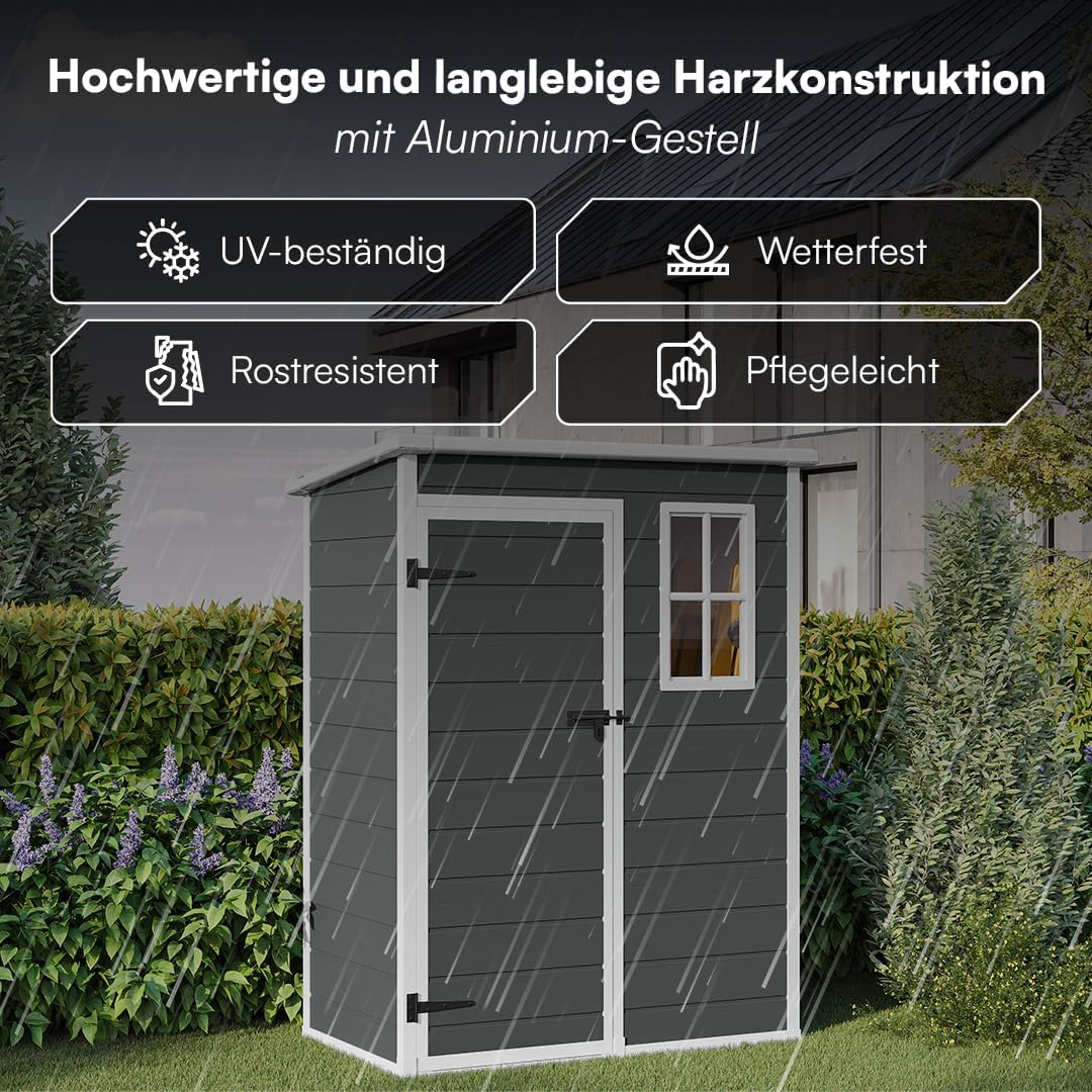 STEELSØN Novara Gerätehaus – Gartenschuppen mit Pultdach & Fenster – Gartenhaus 192x92x151 cm (HxTxB) – Geräteschuppen aus Kunststoff in Anthrazit – Gartenhütte wetterfest & rostfrei – Schuppen
