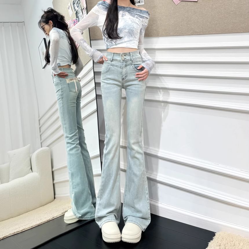 Girliepairs - High Rise Lace Trim Bow Flared Jeans