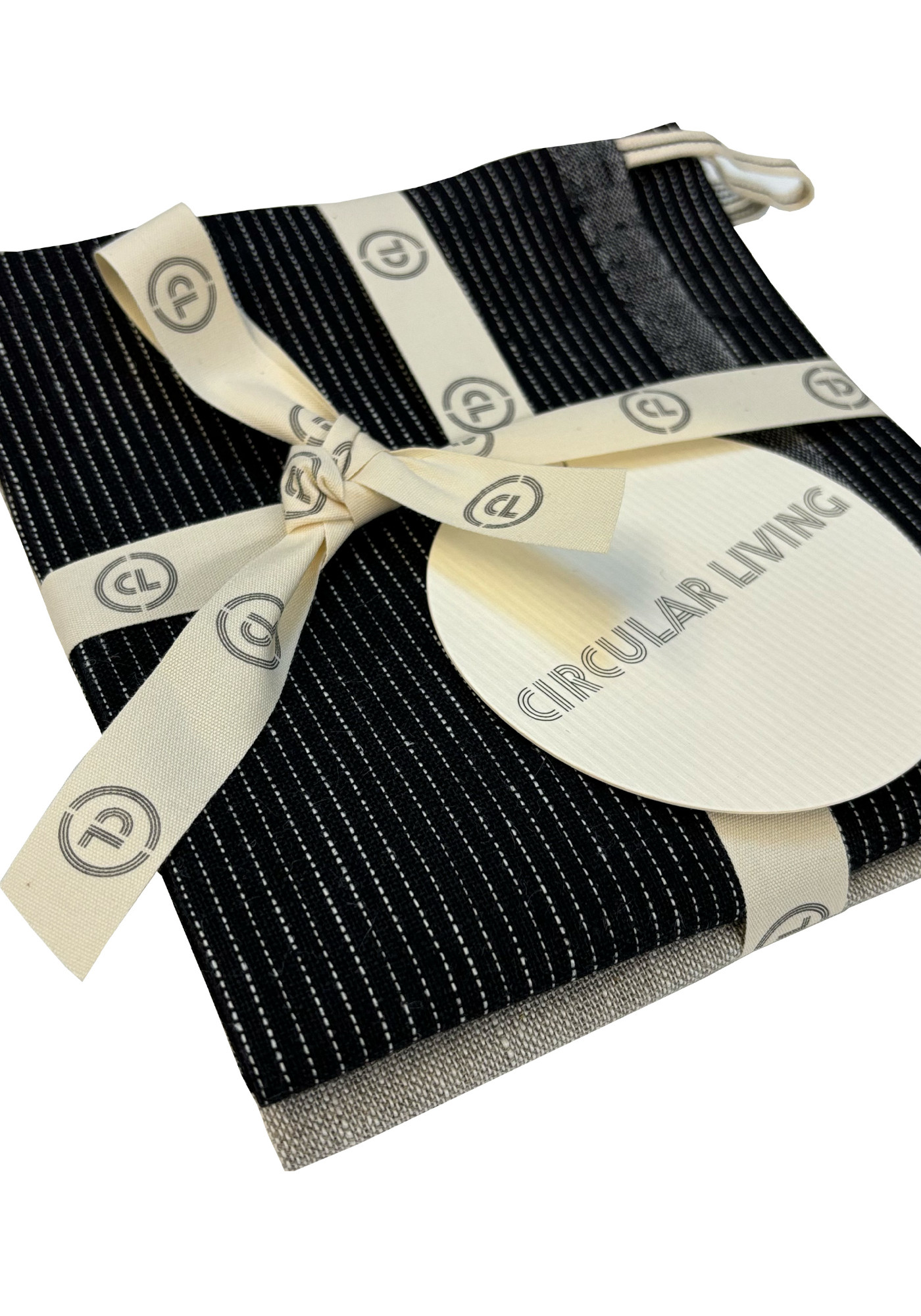 Circular Living 2er-Set Leinen-Küchentücher Schwarz-Nadelstreifen-Natur