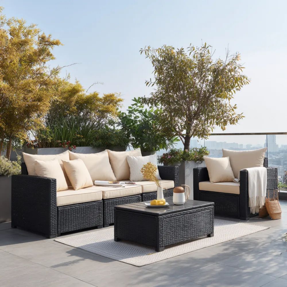 Garten-Sofaset Polyrattan Beige/Schwarz 210x75x65 cm & Tisch 90x50x35 cm – Modernes Design